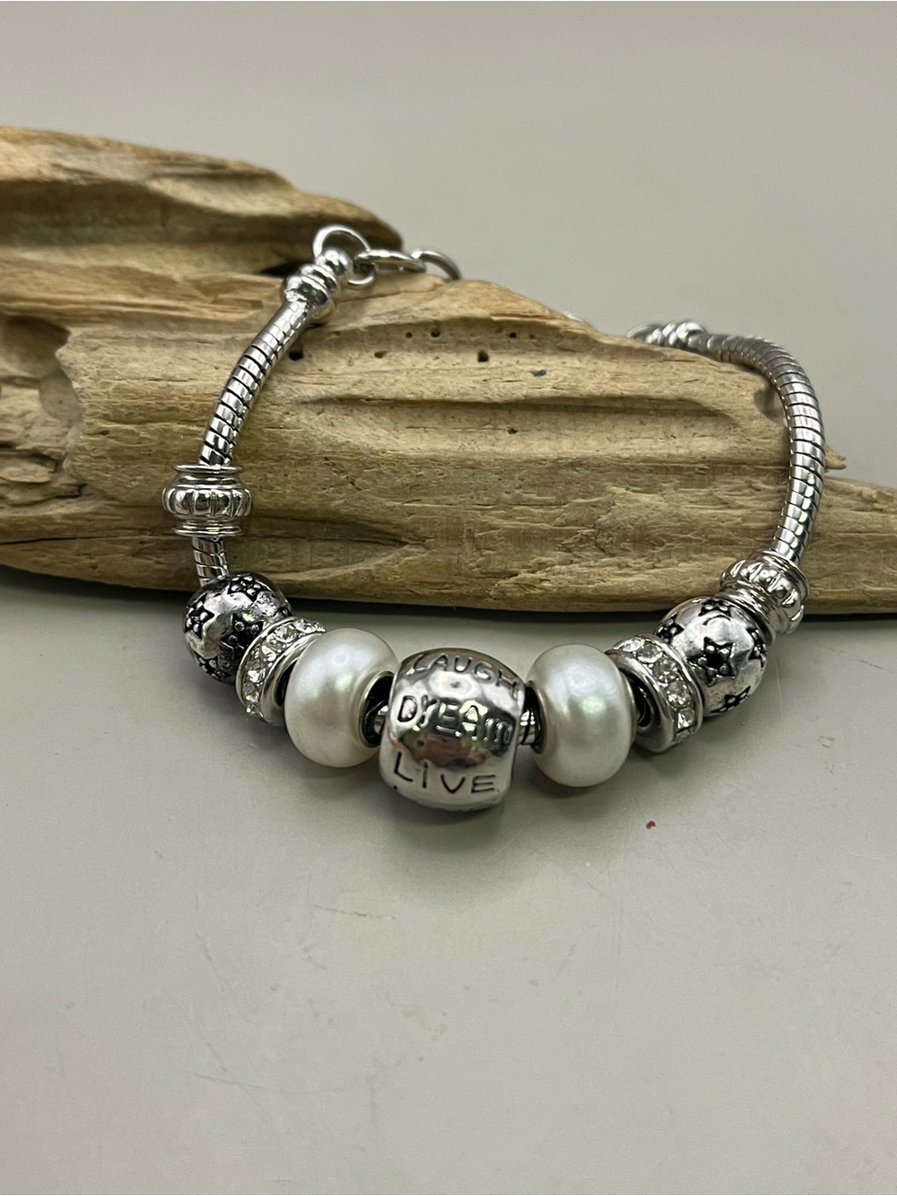 Silver Pandora Style Charm Bracelet Live Laugh Love Pearl Crystal Beads 7.5"